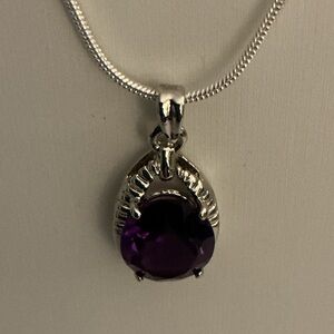 Amethyst Oval Faceted Glass Silver Tone Pendant Necklace